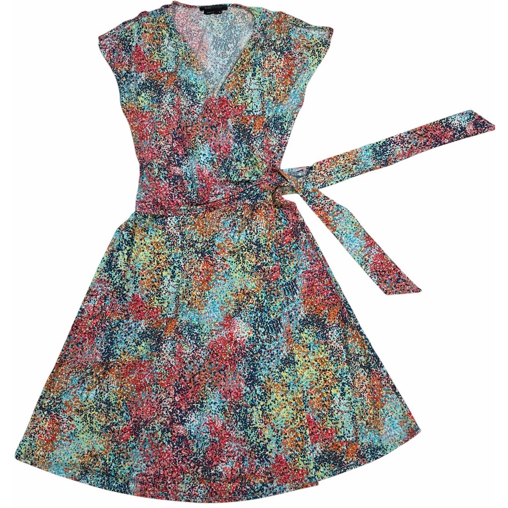 BCBGMAXAZRIA Multicolor  V-Neck Wrap Midi Dress Tie Waist Cap Sleeve Stretch M